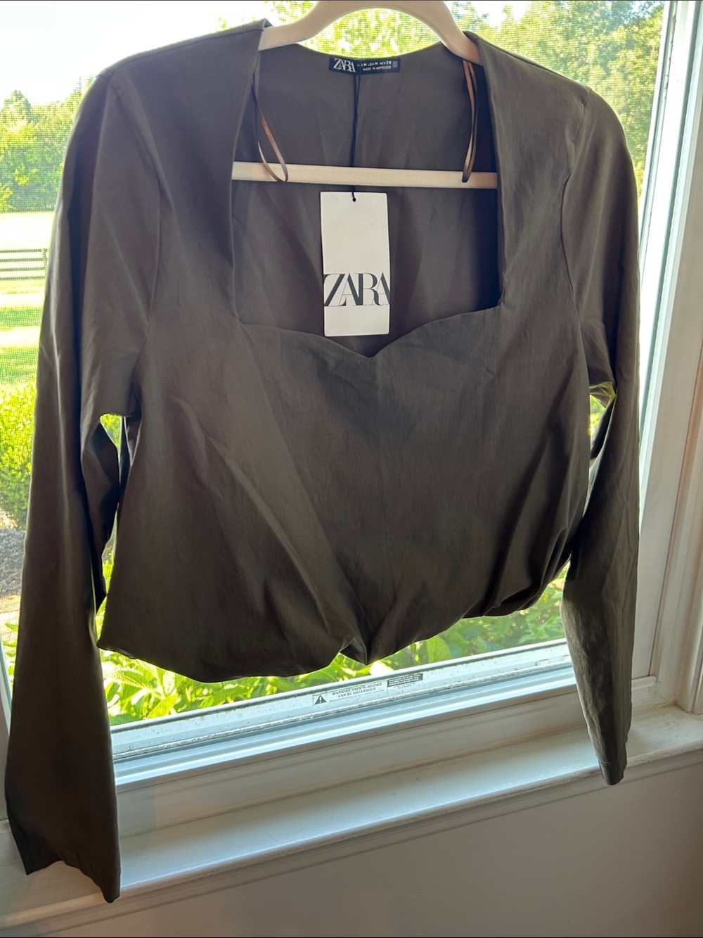 ZARA Olive Square-Neck Long Sleeve Crop Top NWT Size M